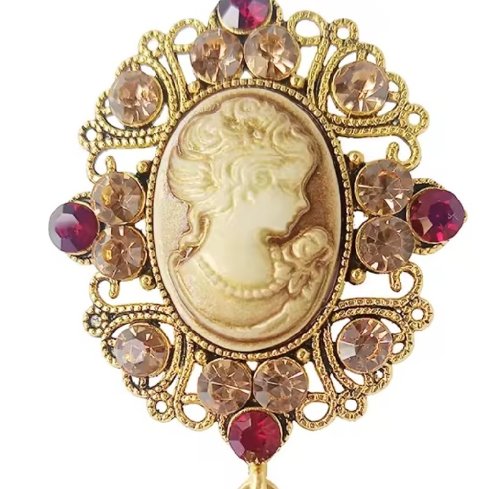 New! Vintage Cameo Brooch with Red and Gold Accents